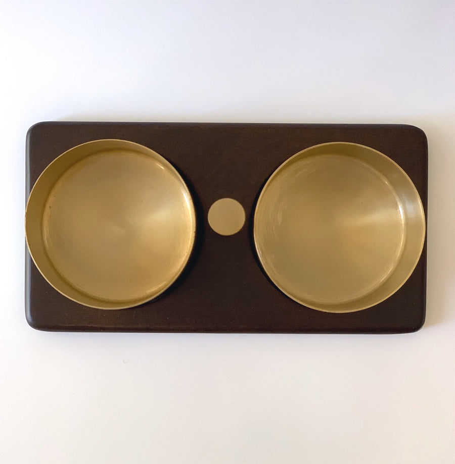 BRASS NUT BOWL WITH WOOD BASE